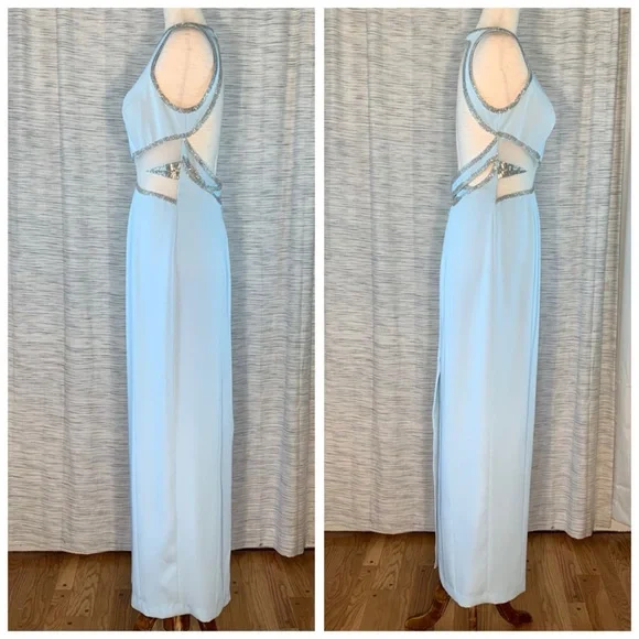 Peak Evenings Sky Blue Sleeveless Formal Evening Gown With Mesh Midriff. - Picture 9 of 15